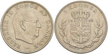 ДАНИЯ 5 КРОН 1967 C; S, ФРЕДЕРИК IX (1947-1972) KM 853.1 медно-никель 38-446