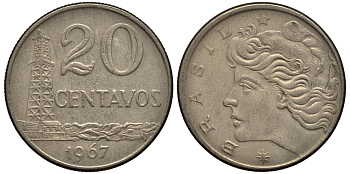 Бразилия 20 сентаво 1967 голова Свободы влево KM 579.1, Schon 84 медно-никель 4182-616