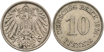 Германия 10 пфеннигов 1914 E KM 12, J. 13 медно-никель 4575-616