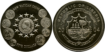 Либерия 5 долларов 2004 новые евромонеты Ватикана медно-никель UNC 06-225-12