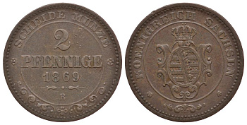 Саксония 2 пфеннига 1869 В, Иоганн (1854-1873) KM 1217, Jaeger 121, AKS 155 медь 413-5641