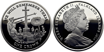 Фолклендские острова 1 крона 2014 в память героев первой мировой войны, квоенный мемориал Содружества KM 176a серебро  PROOF  1071-2-24