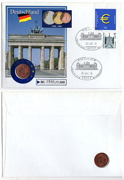 Германия 5 евроцентов 2002 в конверте с маркой (КПД - Конверт первого дня Гашения) KM 209 сталь плакированная медью 9003-17