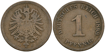 Германия 1 пфенниг 1888 J, Вильгельм I (1871-1888) KM 1, J. 1 медь 4547-653
