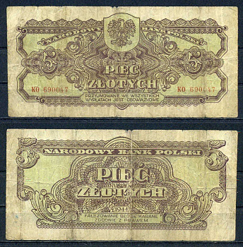 Польша 5 злотых 1944 OBOWIAZKOWE Pick 108 бумага 6283-15-1-1