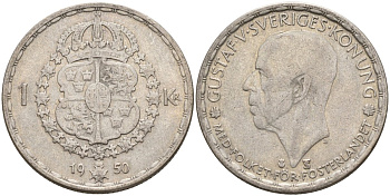 Швеция 1 крона 1950 TS, Густав VI Адольф (1950-1973) KM 814 серебро 4148-1131