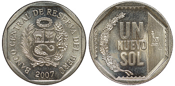 Перу 1 новый соль 2007 KM 308.4 медно-никель UNC 4605-224