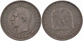 ФРАНЦИЯ 10 САНТИМОВ 1854 D, НАПОЛЕОН III (1852-1870) KM 771.4, LE FRANC 133.14 бронза 38-1015