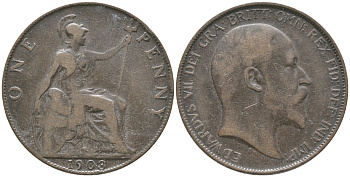 Великобритания 1 пенни 1903 Эдуард VII (1901-1910) KM 794.2, Spink 3990 бронза 32-441