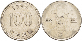 Южная Корея 100 вон 1999 Ли-Сунсин, корейский флотоводец KM 35.2 медно-никель 3996-753