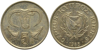 КИПР 5 ЦЕНТОВ 1988 ГОЛОВА БЫКА KM 55.2 никель латунь 181-514