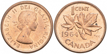 Канада 1 цент 1964 Елизавета II (1952-2022), кленовый лист KM 49 бронза UNC 44-934