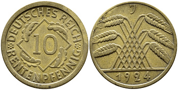 ГЕРМАНИЯ 10 РЕНТЕНПФЕННИГОВ 1924 J KM 33, J. 309, Weege 8 алюминиевая бронза 4390-834