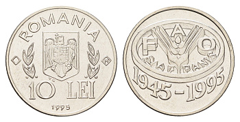 Румыния 10 леев 1995 N, 50 лет продовольственной программе - ФАО KM 117 сталь плакировнная никелем BU 11-264-17