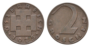 Австрия 2 гроша 1925 KM 2837 бронза 4639-1033