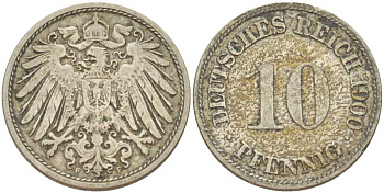 Германия 10 пфеннигов 1900 F KM 12, J. 13, Weege 8 медно-никель 259-811