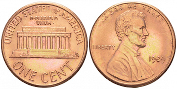 США 1 цент 1989 Линкольн KM 201b цинк плакированный медью UNC 112-556
