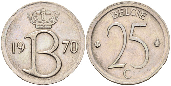 Бельгия 25 сантимов 1970 Belgie, Бодуэн I (1951-1993) KM 154.1 медно-никель 4588-466