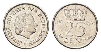 Нидерланды 25 центов 1962 Юлиана (1948-1980) KM 183 никель 4658-824
