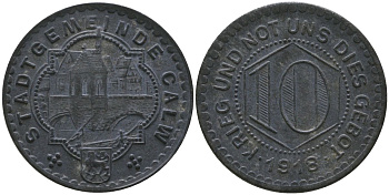 Кальв (Вюртемберг) 10 пфенингов 1918 Funck 73.5A цинк 4163-733