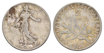 Франция 2 франка 1901 KM 845 серебро 00-00