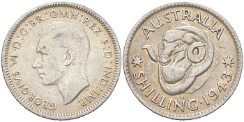 Австралия 1 шиллинг 1943 M, Георг VI (1936-1952), овца меринос KM 39 серебро 4622-131