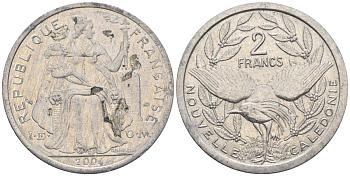 Французская Новая Каледония 2 франка 2004 птица кагу, (IEOM) KM 14, Schoen 11, Lec 68i алюминий    25-1711