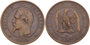 Франция 10 сантимов 1855 BB, Наполеон III (1852-1870) KM 771.3, LE FRANC 133.23 бронза 221-142