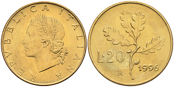 Италия 20 лир 1996 R, дубовый лист KM 97.2 алюминиевая бронза  UNC  4594-1036