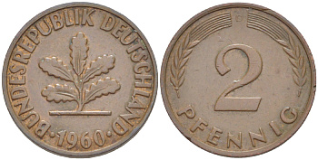 ФРГ 2 ПФЕННИГА 1960 D KM 106, J. 381 бронза 4181-724