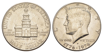 США 1/2 доллара (50 центов) 1976 D, 200 лет независимости, Джон Кеннеди KM 205 медь плакированная медно-никелем aUNC 4557-216