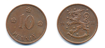 Финляндия 10 пенни 1938 KM 24 медь 51-5651