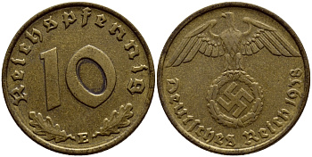 ГЕРМАНИЯ 10 РЕЙХСПФЕННИГОВ 1938 E, KM 92, J. 364 алюминиевая бронза 61-1125