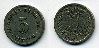 ГЕРМАНИЯ 5 ПФЕННИГОВ 1899 D, KM 11, J. 12 медно-никель 58-531