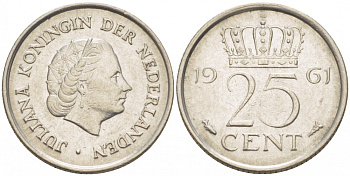 НИДЕРЛАНДЫ 25 ЦЕНТОВ 1961 ЮЛИАНА KM 183 никель 214-748