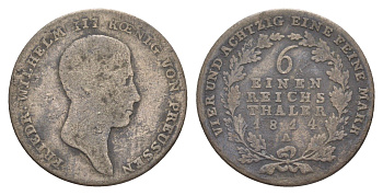 Пруссия 1/6 рейхсталера 1814 A, Фридрих Вильгельм III (1797-1840) KM 385 серебро 4619-154