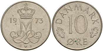 Дания 10 эре 1973 S; B, Маргрете II (1972-) KM 860.1 медно-никель    4602-715