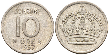 Швеция 10 эре 1957 Густав VI Адольф (1950-1973) KM 823 серебро 4147-918