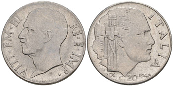 ИТАЛИЯ 20 ЧЕНТЕЗИМО 1942 R, ГОД XX, ВИКТОР ЭММАНУИЛ III (1900-1946), МАГНИТНАЯ, ГУРТ РИФЛЁНЫЙ KM 75b, VEM3. 1029 нержавеющая сталь 3853-424