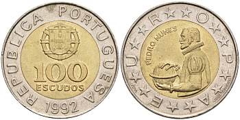 Португалия 100 эскудо 1992 Педру Нуниш (1502-1578), математик KM 645.1 биметалл 4571-954