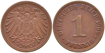 ГЕРМАНИЯ 1 ПФЕННИГ 1909 A KM 10, J. 10, Weege 2 медь 211-415