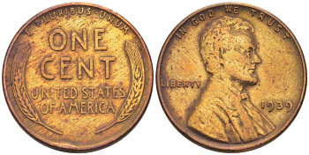 США 1 ЦЕНТ 1939 ЛИНКОЛЬН KM 132 бронза 3309-1236