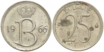 БЕЛЬГИЯ 25 САНТИМОВ 1966 BELGIQUE, МОНЕТНЫЙ ТИП KM 153.1 медно-никель 4528-137