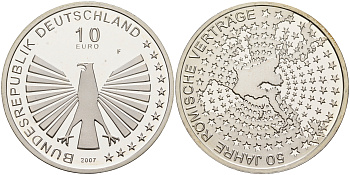 ФРГ 10 евро 2007 F, 50 лет Римскому договору KM 264, DE.S. 10.30 серебро PROOF 1076-3-65