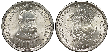 Перу 1 инти 1988 LIMA, Мигель Грау KM 296 медно-никель UNC 4605-345