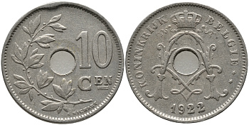 БЕЛЬГИЯ 10 САНТИМОВ 1922 BELGIE KM 86 медно-никель 4364-2744