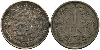 Нидерланды 1 цент 1938 Вильгельмина (1890-1948) KM 152 бронза 4576-1134
