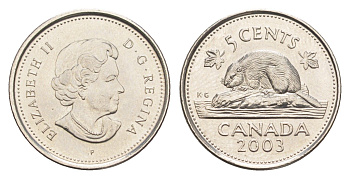 Канада 5 центов 2003 P, Елизавета II (1952-2022), бобр KM 491 сталь плакированная никелем UNC 4651-622