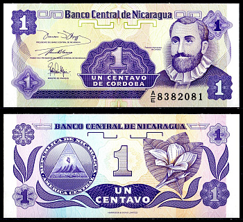 Никарагуа 1 сентаво Кордовы ND (1991) Франсиско Эрнандес де Кордоба, плюмерия Pick 167 бумага UNC (пресс) 6278-4-1-1