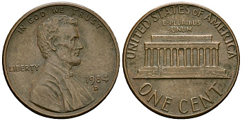 США 1 цент 1984 D, Линкольн KM 201b цинк плакированный медью 4136-241
